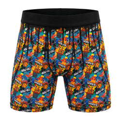 Colorful basketball-themed shorts with black waistband on a white background