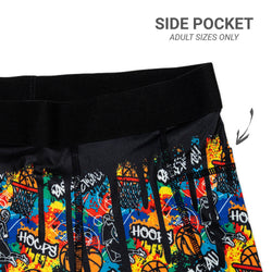 Shorts with colorful basketball-themed design on a white background