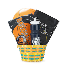 Basketball-themed items including a ball, towel, water bottle, and basket on a white background