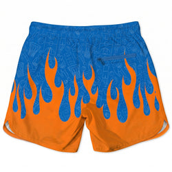 Orange and blue basketball themed shorts with flame design on a white background