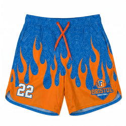 Orange and blue shorts with flame design and 'Bristol Basketball' logo on a white background