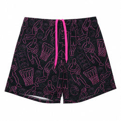 Black athletic shorts with a pink basketball-themed all-over print and a bright pink drawstring, shown flat on a white background.