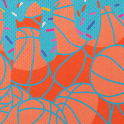 A repeating seamless pattern featuring stylized orange basketballs outlined in teal, overlaid with bright teal icing-like drips and colorful sprinkles in pink, purple, yellow, and white.