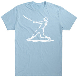 Light blue t-shirt with a white silhouette of a baseball player on a white background