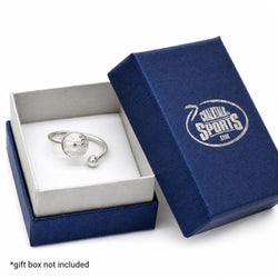 A silver adjustable ring with a textured globe design and a small ball accent, displayed inside an open navy blue gift box with a white insert. The closed lid shows a silver logo that reads 'Chalktalk Sports'