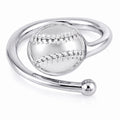 A silver-toned ring designed like a baseball, featuring a polished oval center with raised baseball-style stitching and a flexible band with a ball-shaped end, shown on a white background.