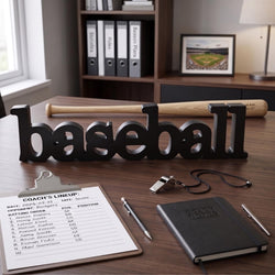 Baseball-themed desk setup with 'baseball' sign, clipboard, notebook, and bat.