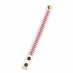 A baseball-themed snap button bracelet on a white background. The card is white with red baseball stitching details and features two gold metal snaps at the top and bottom.