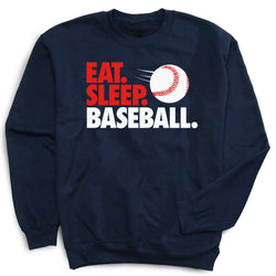 Navy blue sweatshirt with 'Eat. Sleep. Baseball.' text and baseball graphic on a white background