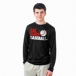 Person wearing a black long-sleeve shirt with 'Eat. Sleep. Baseball.' text and graphic on a white background