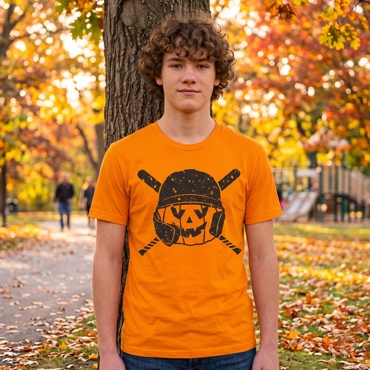 Baseball/Softball Short Sleeve T-Shirt - Helmet Pumpkin