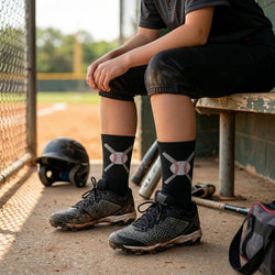 Person sitting in a dugout wearing black socks with white designs, surrounded by baseball equipment.