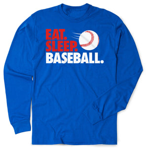 Blue long-sleeve shirt with 'Eat. Sleep. Baseball.' text and baseball graphic on a white background
