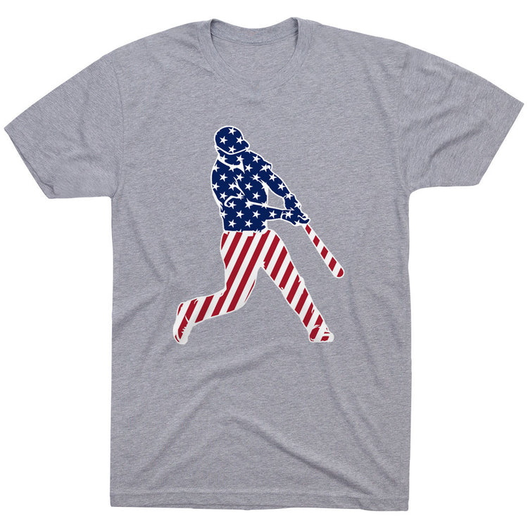 Baseball T-Shirt Short Sleeve - Baseball Stars and Stripes Player [Gray/Adult XX-Large] - SS