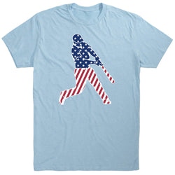 Light blue t-shirt with a graphic of a person holding an American flag on a white background