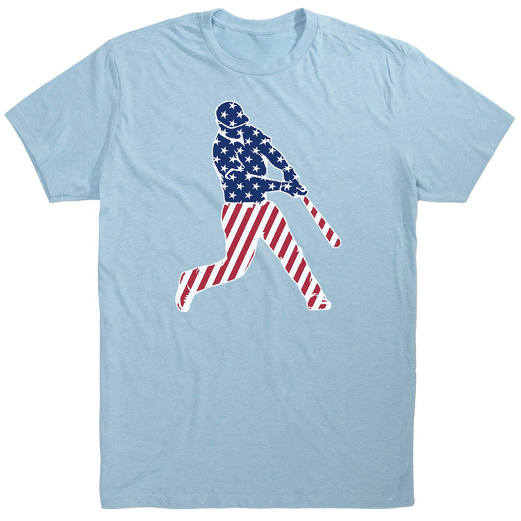 Baseball T-Shirt Short Sleeve - Baseball Stars and Stripes Player [Heather Columbia Blue/Youth Medium] - SS
