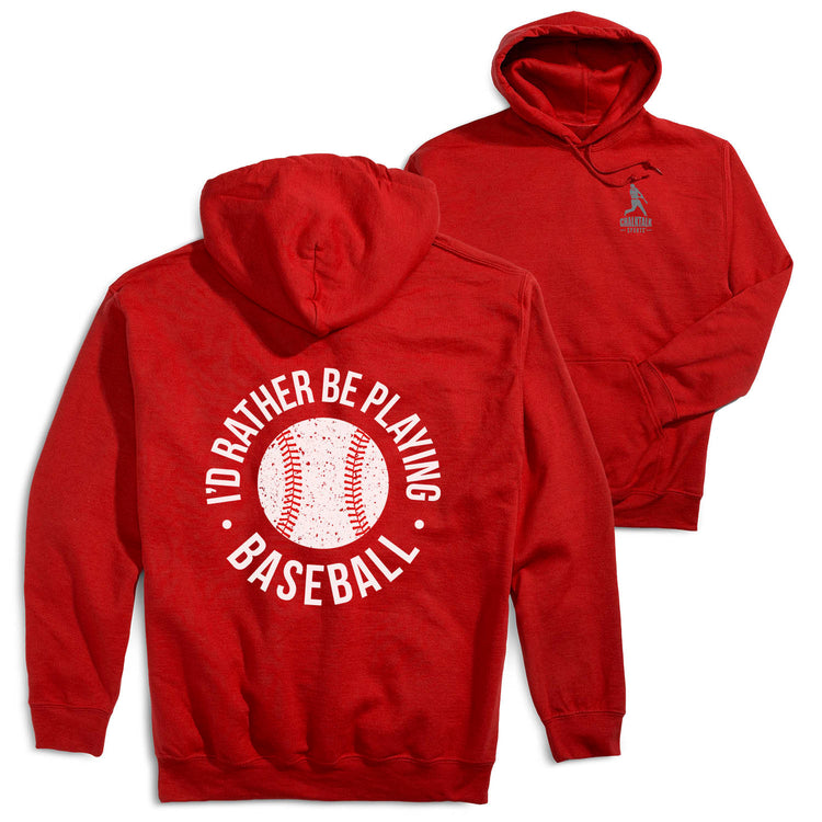 Baseball Hooded Sweatshirt - I'd Rather Be Playing Baseball Distressed(Back Design) [Adult Medium/Red] - SS
