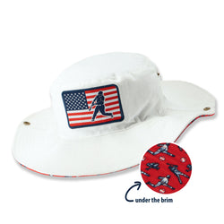 White bucket hat with American flag and baseball player design, showing a close-up of the brim pattern.