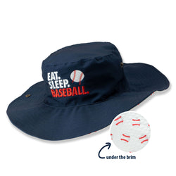 Navy blue baseball bucket hat with 'Eat. Sleep. Baseball.' text and a baseball under the brim on a white background.