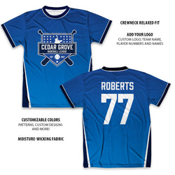 Blue custom baseball tee with 'Cedar Grove Baseball League' logo and 'Roberts 77' on a white background