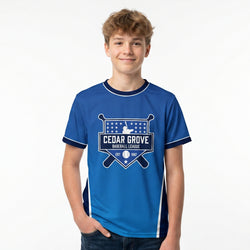 Person wearing a blue baseball tee with 'Cedar Grove Baseball League' logo on a white background