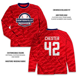 Red long-sleeve baseball tee with custom 'Centerville Baseball' logo and 'Chester 42' on a white background.