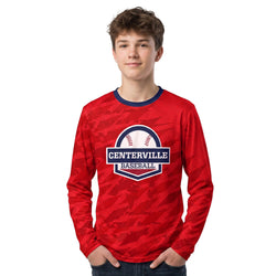Person wearing a red 'Centerville Baseball' custom long-sleeve shirt on a white background