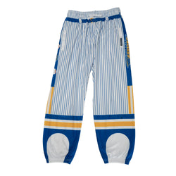 Blue and white striped pants with yellow accents on a white background