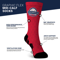 Red graphic flex mid-calf sock with branding and feature text on a white and blue background
