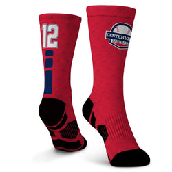 Red socks with black accents and branding on a white background