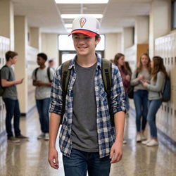 Young boy in a school hallway wearing a plaid shirt, gray t-shirt, and backpack with a baseball cap.