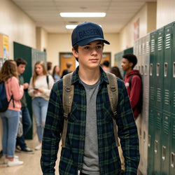 Young person wearing a blue cap with 'BASEBALL' text, standing in a school hallway with lockers and other students.