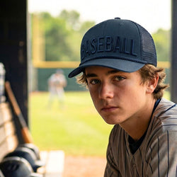 Young baseball player wearing a cap with 'BASEBALL' on a baseball field.