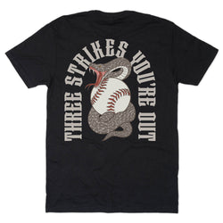 Black t-shirt with a snake and baseball graphic and 'Three Strikes You're Out' text on a white background