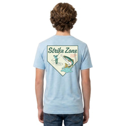 Person wearing a light blue t-shirt with a 'Strike Zone' graphic on the back