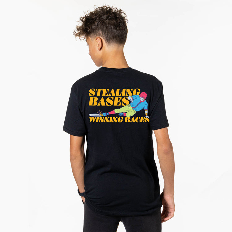 Baseball Short Sleeve T-Shirt - Stealing Bases Winning Races (Back Design)