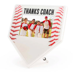 White baseball-themed photo plaque with photo insert and 'Thanks Coach' text on a white background.