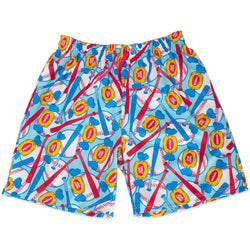 Colorful swim shorts with a pattern of baseball bats, balls, and candy on a white background