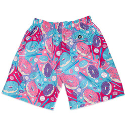 Colorful swim shorts with donut & baseball bat pattern on a white background