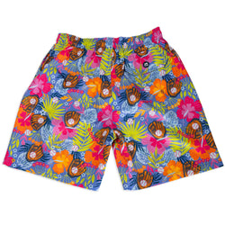 Colorful floral swim shorts with floral and baseball glove pattern on a white background