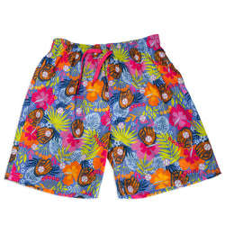 Colorful floral swim shorts with baseball glove and floral pattern on a white background