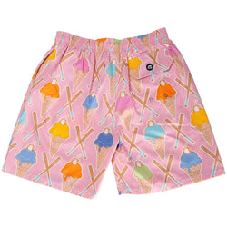Pink swim shorts with ice cream cone and baseball bat pattern on a white background