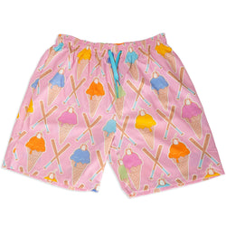 Pink swim shorts with ice cream cone and baseball bat pattern on a white background