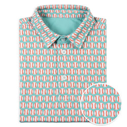 Folded polo shirt with a baseall pattern on a light blue background