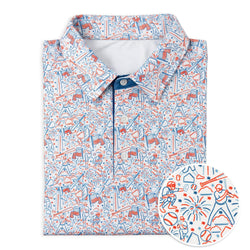 Folded polo shirt with baseball-themed pattern on a white background