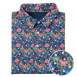 Folded polo shirt with a floral and baseball pattern on a white background