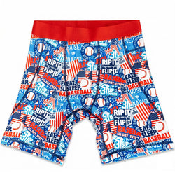 Flat lay of baseball compression shorts with various baseball designs patterned across