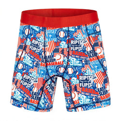 Baseball-themed shorts with red waistband on a white background