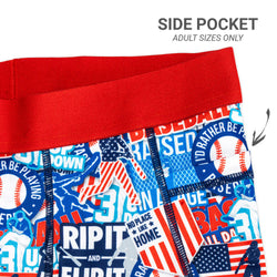 Baseball-themed shorts with red waistband and various graphics on a white background