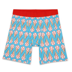 Flat lay of baseball themed compression shorts with ice cream patterned design